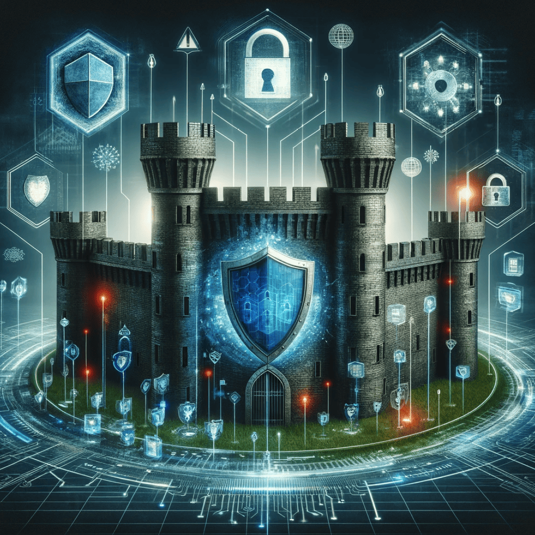 Strenghten Security amplification attack Digital illustration with various cybersecurity symbols such as shields, locks and digital codes in connection with DDoS protection