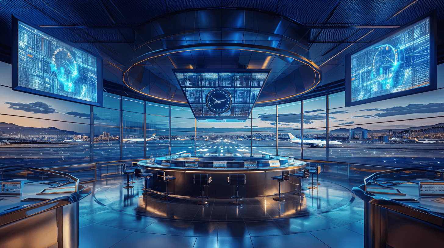 AI generated image of a futuristic airport that showcases the importance of time synchronization for efficiency in operations