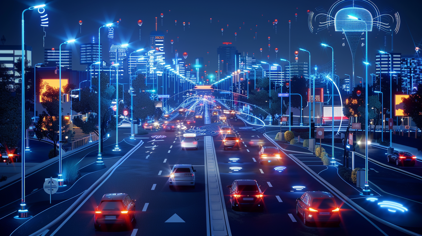 AI generated image of a futuristic city with autonomous traffic. The image represents the connectedness of modern technology.