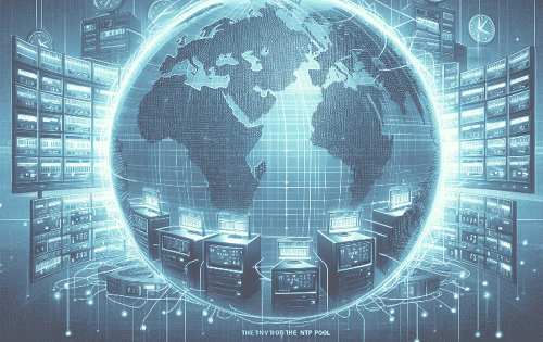 Stylised representation of the global NTP pool with server racks and a world map in the background